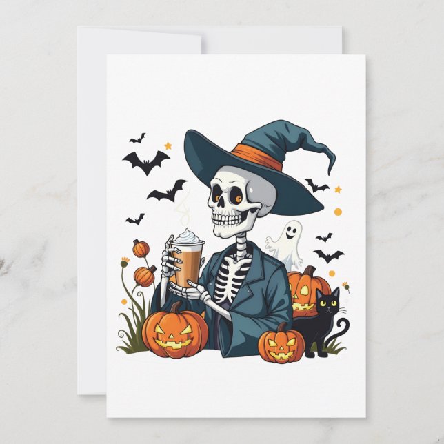 Cartão De Agradecimento Skeleton Spookeen Sippin Pumpkin Spice (Frente)