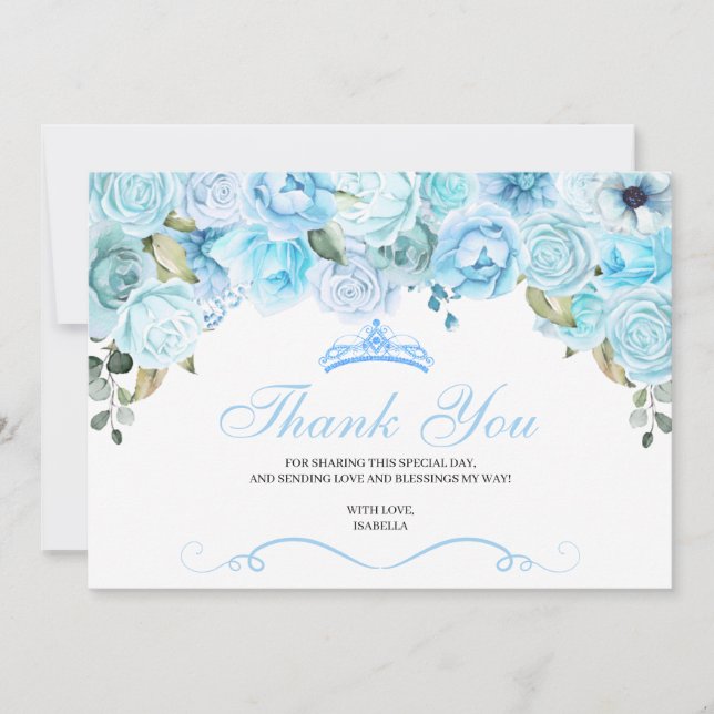 Cartão De Agradecimento Sky Blue Floral Quinceanera Obrigado (Frente)