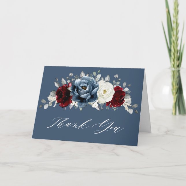Cartão De Agradecimento Slate Blue Burgundy White Ivory Floral Casamento (Frente)