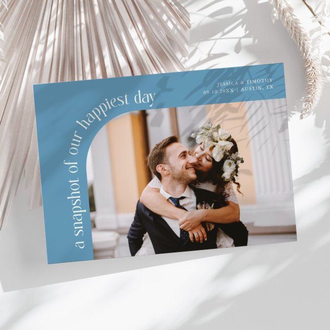 Cartão De Agradecimento Snapshot Happiest Day Denim Blue Wedding Photo (Criador carregado)