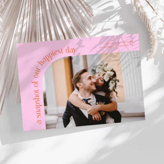 Cartão De Agradecimento Snapshot Happiest Day Orange Pink Wedding Photo (Criador carregado)