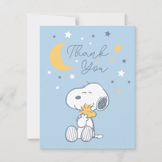 Cartão De Agradecimento Snoopy & Woodstock | Chover de Lua Chá de Bebê Tha (Frente)