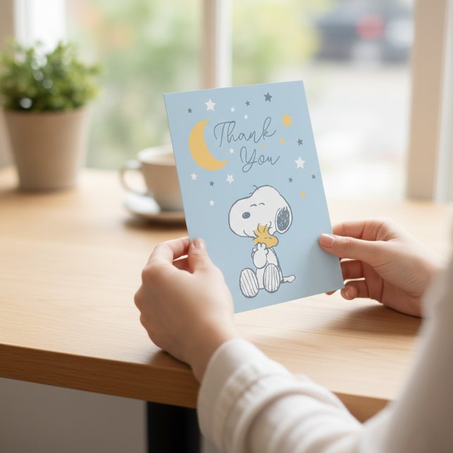 Cartão De Agradecimento Snoopy & Woodstock | Over the Moon Baby Shower Tha (Criador carregado)