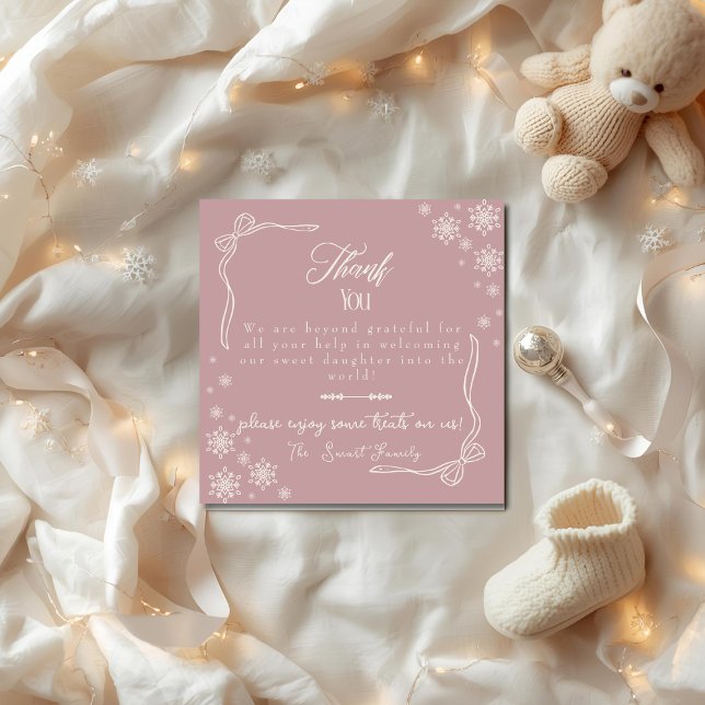 Cartão De Agradecimento Snow Bow pink baby Labor  Delivery NICU Hospital  (Snow Bow pink baby Labor Delivery NICU Hospital Thank You Card)