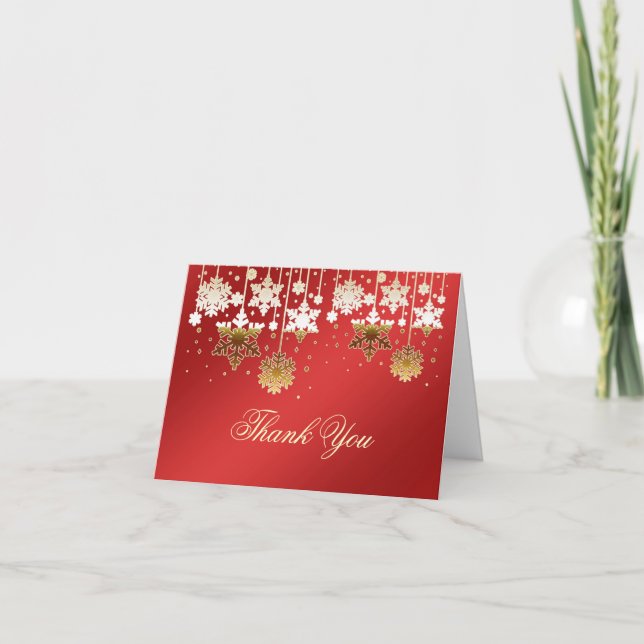 Cartão De Agradecimento Snowflakes on red Christmas Wedding Thank You Note (Frente)