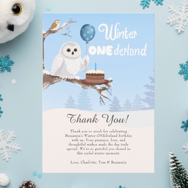 Cartão De Agradecimento Snowy Owl Winter Onederland Birthday  (Criador carregado)
