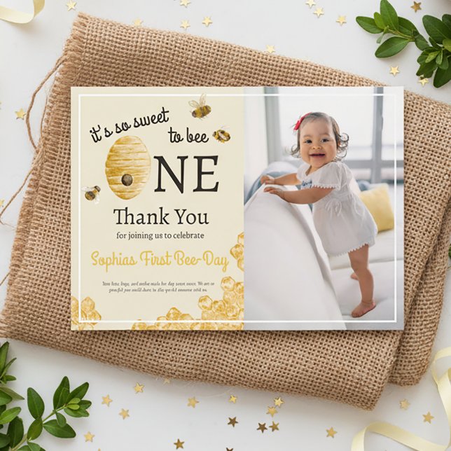 Cartão De Agradecimento So Sweet To Bee One 1st Birthday Honey Bee Photo (Criador carregado)