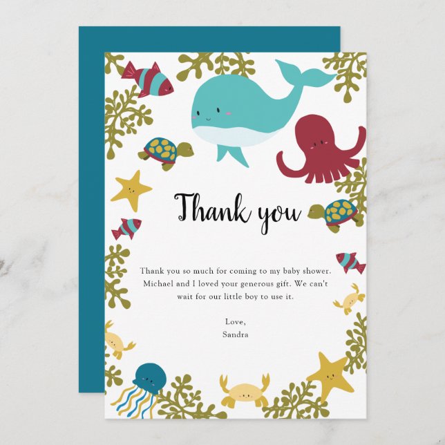 Cartão De Agradecimento Sob o Chá de fraldas do mar Obrigado Kawaii (Frente/Verso)