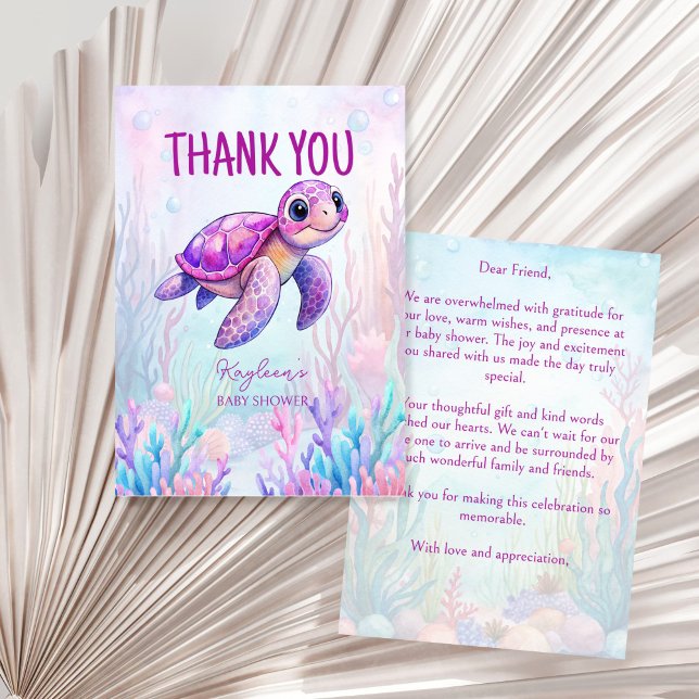 Cartão De Agradecimento Sob o mar, chá de fraldas roxo rosa-tartaruga (Under the sea cute turtle pink purple baby shower thank you cards marine ocean baby shower )