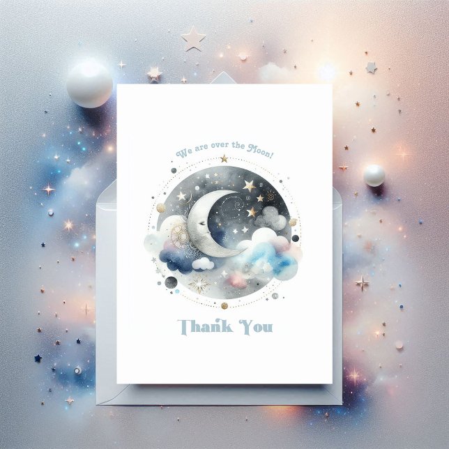 Cartão De Agradecimento Sobre o Chá de fraldas Celestial da Lua (Over the Moon Celestial Baby Shower Thank You Card)