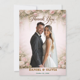 Cartão De Agradecimento Sobreposição de Foto Floral Blush com Letra Dourad