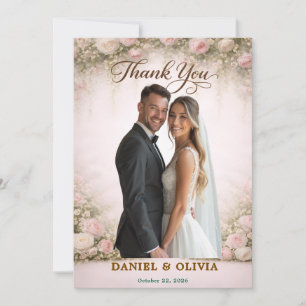 Cartão De Agradecimento Sobreposição de Foto Floral Blush com Letra Dourad