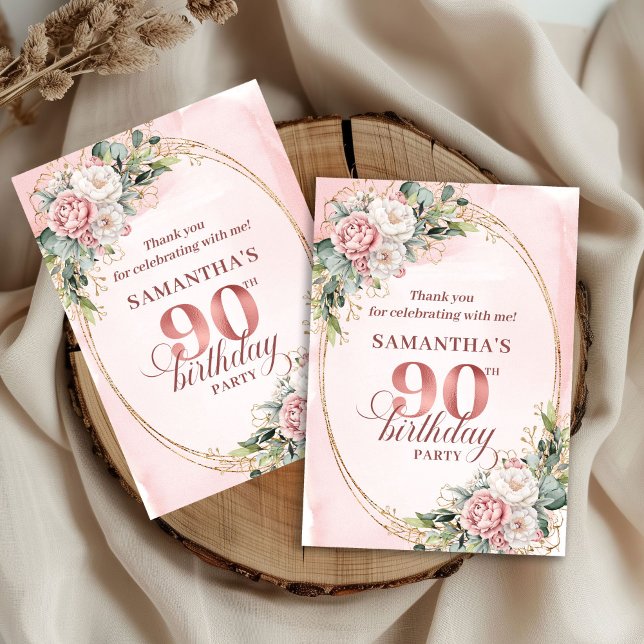 Cartão De Agradecimento Soft Pale Pink Gold Greenery 90th Birthday Thanks (Soft Pale Pink Gold Greenery 90th Birthday Thank You)