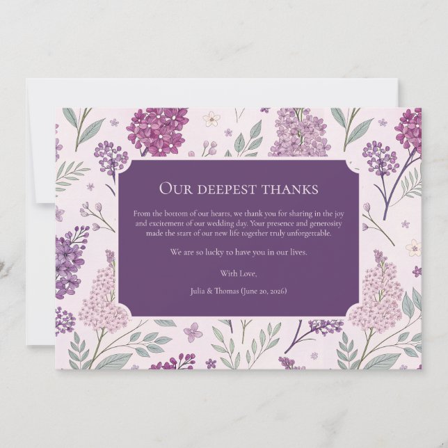 Cartão De Agradecimento Soft Pink and Purple Lilac Floral Wedding  (Frente)