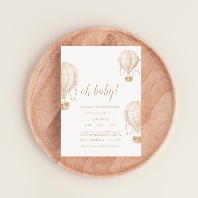 Cartão De Agradecimento Soft-Pink Hot Air Balloon Baby Shower Invitation (Criador carregado)