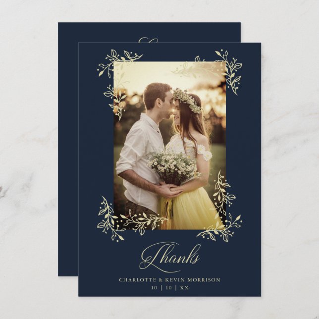 Cartão De Agradecimento Sophisticated Navy Flourish Photo Wedding Thanks (Frente/Verso)