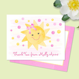 Cartão De Agradecimento Sorriso Rosa-Sol e Pontos Amarelos Girly