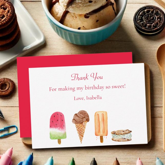 Cartão De Agradecimento Sorvete de Aquarela e Festa de aniversário de picl (Criador carregado)