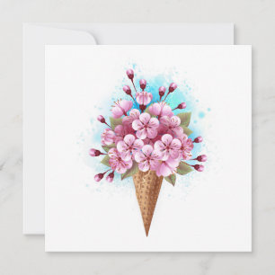 Cartão De Agradecimento Sorvete Waffle Rosa Sakura Cone