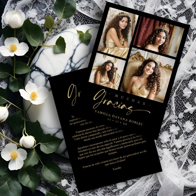 Cartão De Agradecimento Spanish Black Trendy Quinceañera Collage 4 Photos (Spanish Black Trendy Quinceañera Collage 4 Photos Thank You Card.)
