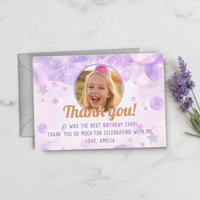 Cartão De Agradecimento Sparkly Purple Photo Girls Birthday Party (Criador carregado)