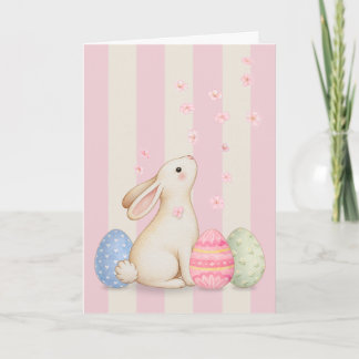 Cartão De Agradecimento Spring Bunny and Eggs Pink Stripes 5x7 Easter Card