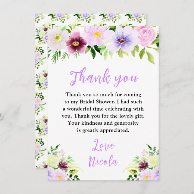 Cartão De Agradecimento Spring Purple Flowers with Foliage Bridal Shower (Frente/Verso)