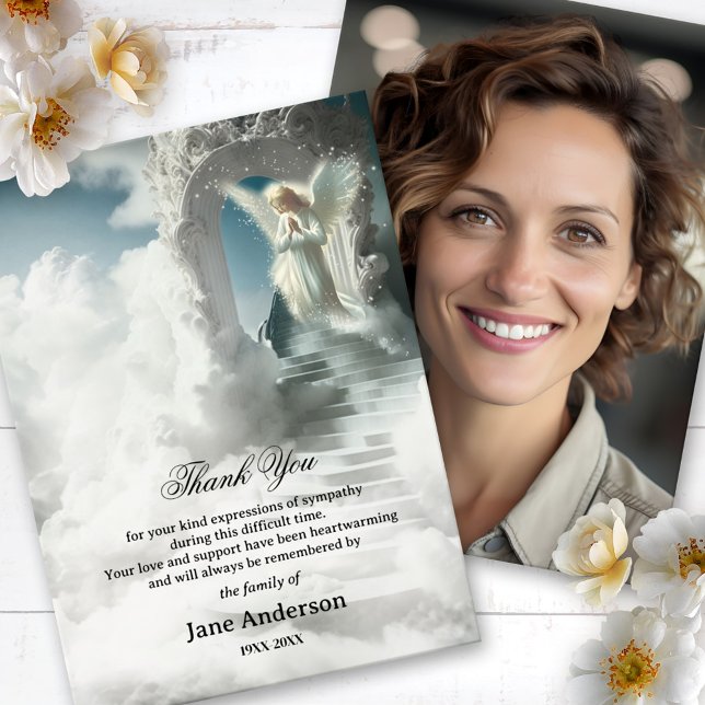 Cartão De Agradecimento Stairway to Heaven Angel Sympathy Foto Muito Obrig (Memorial or funeral Thank You card featuring a stairway to heaven with an angel and a custom photo)