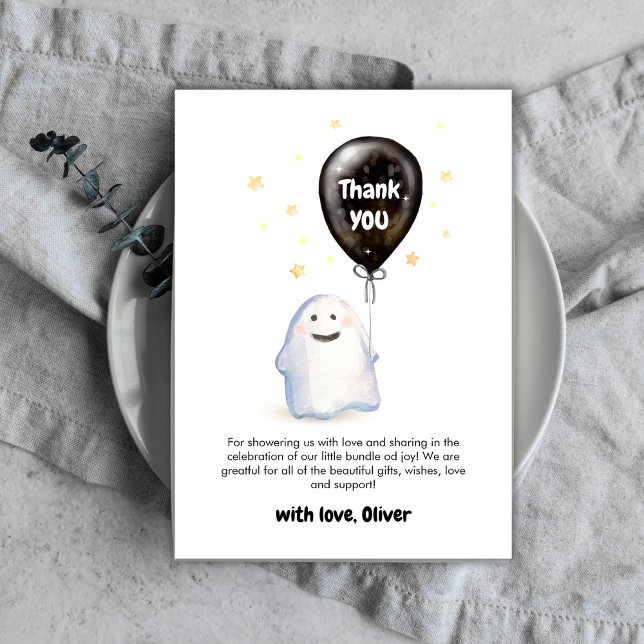 Cartão De Agradecimento Stars Whimsical Little Boo Balloon Chá de fraldas (Stars Whimsical Little Boo Balloon Baby Shower Thank You Card)