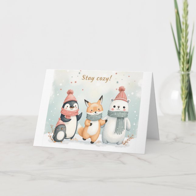 Cartão De Agradecimento Stay Cozy Winter Animals Greeting Card (Frente)