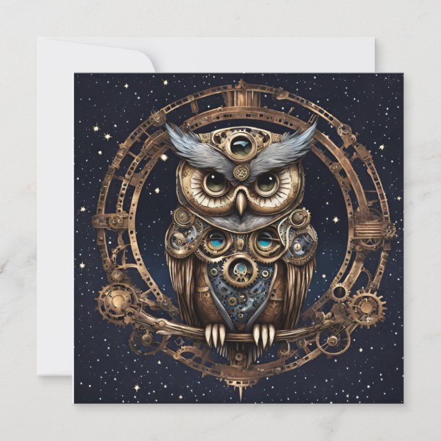Cartão De Agradecimento Steampunk Owl contra o céu estrelado (Frente)
