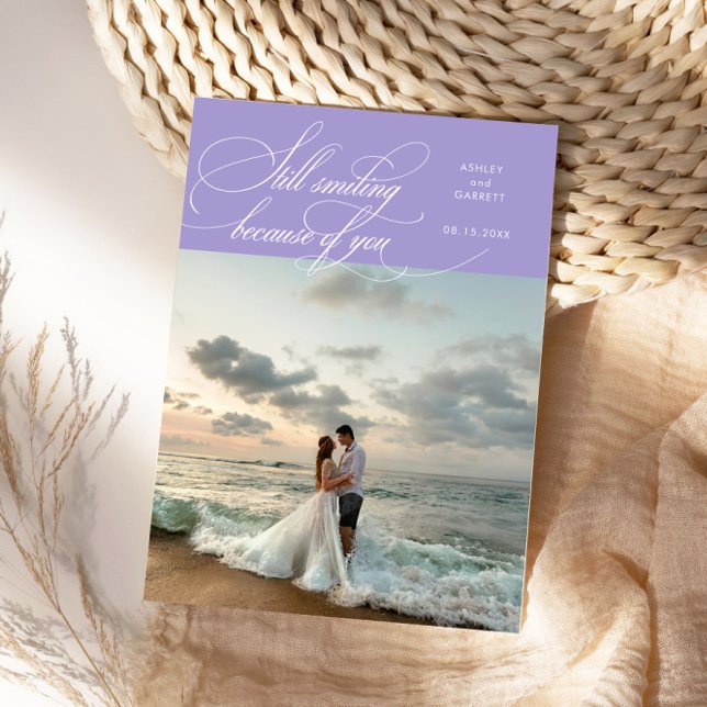 Cartão De Agradecimento Still Smiling Elegant Wedding Photo Lilac (Criador carregado)