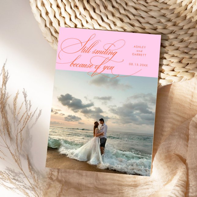 Cartão De Agradecimento Still Smiling Elegant Wedding Photo Orange Pink (Criador carregado)