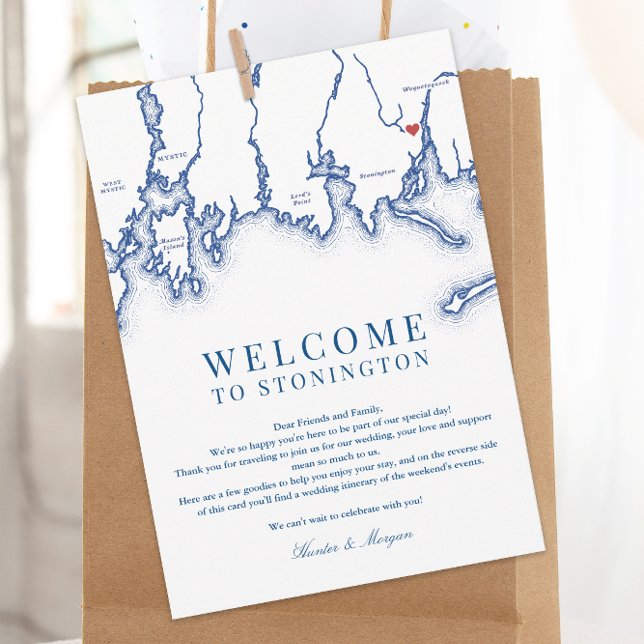 Cartão De Agradecimento Stonington CT Map Weding Carta Marinho Azul (Stonington CT Map Wedding Welcome letter and weekend events itinerary in elegant navy blue)