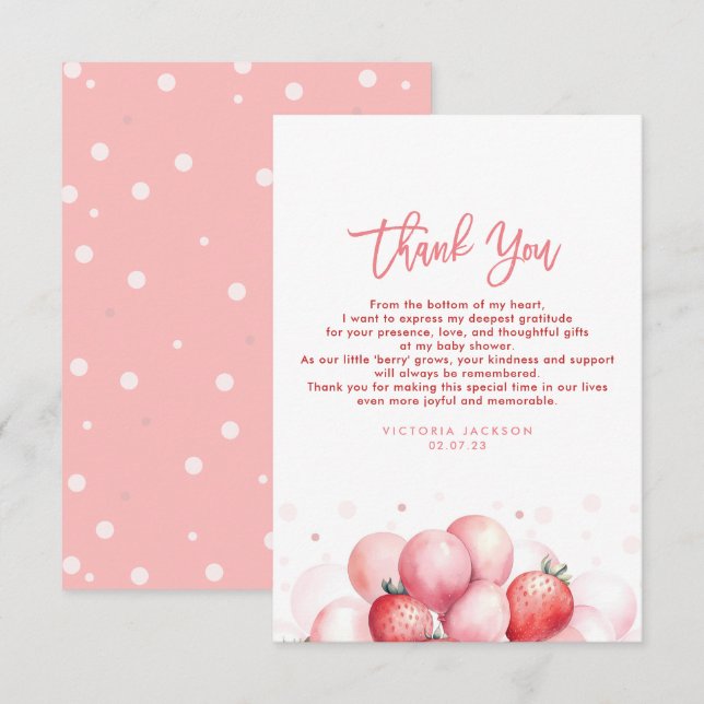 Cartão De Agradecimento Strawberry Balloons Chá de fraldas Pequeno Obrigad (Frente/Verso)