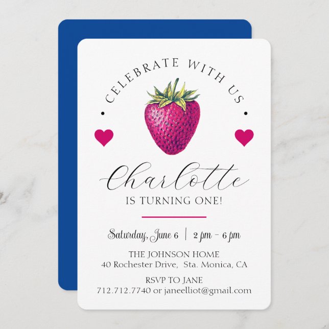 Cartão De Agradecimento Strawberry Hearts Birthday Girl White (Frente/Verso)