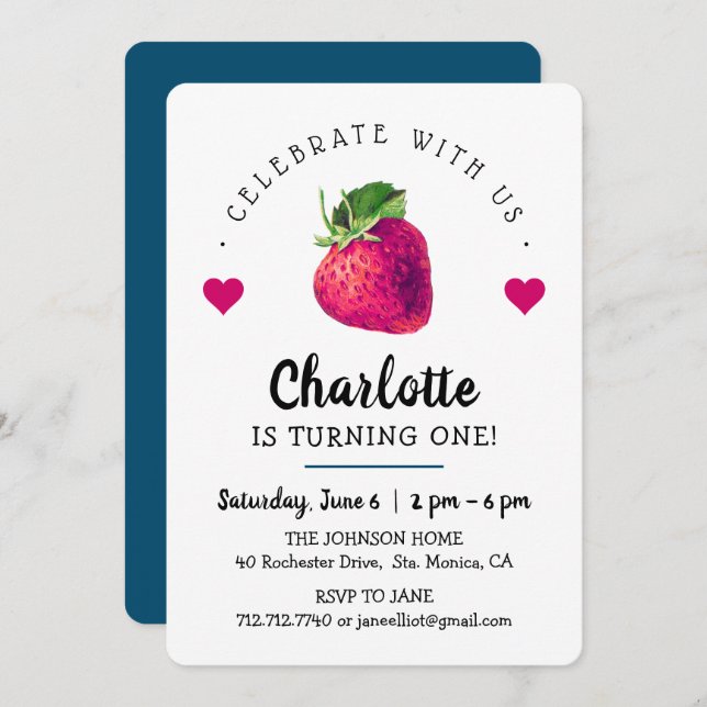 Cartão De Agradecimento Strawberry Hearts Birthday Girl White (Frente/Verso)