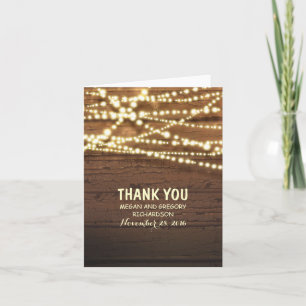 Cartão De Agradecimento String Lights and Barn Wood Weding Obrigado