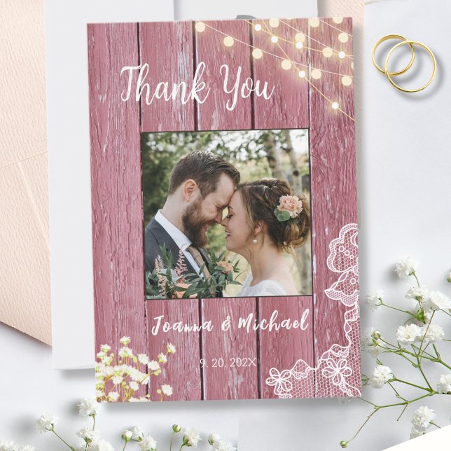 Cartão De Agradecimento String Lights Purple Wood & Lace Weding Obrigado (Criador carregado)