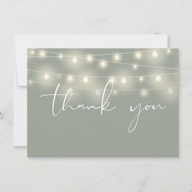 Cartão De Agradecimento String Lights Sage Green Script Calligraphy (Frente)