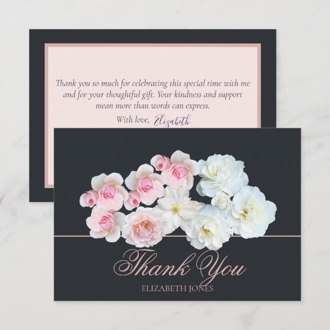 Cartão De Agradecimento Stylish Botanical Pink White Rose Floral Thank You (Frente/Verso)