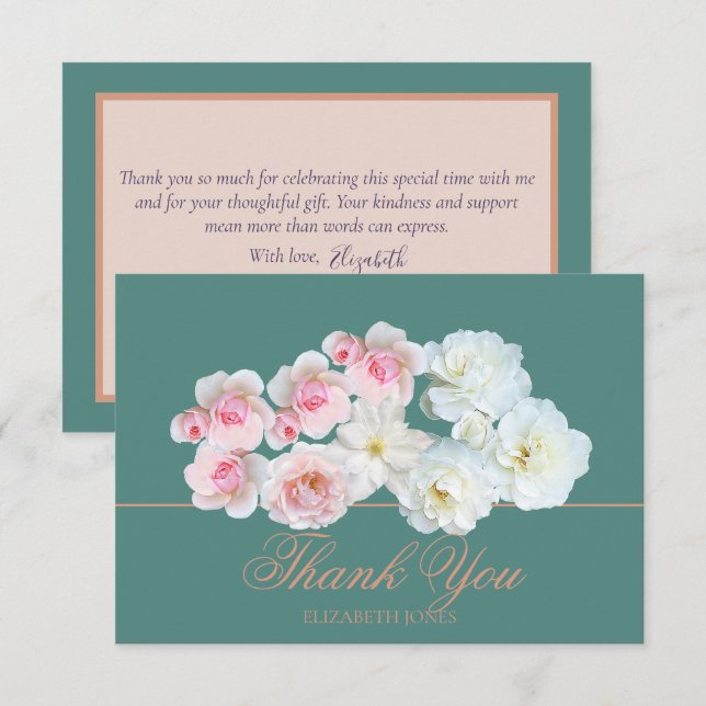 Cartão De Agradecimento Stylish Botanical Pink White Rose Floral Thank You (Frente/Verso)