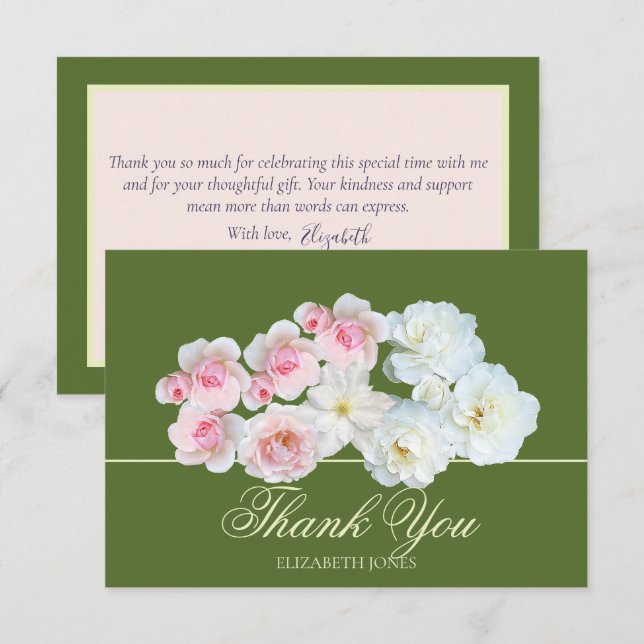 Cartão De Agradecimento Stylish Botanical Pink White Rose Floral Thank You (Frente/Verso)