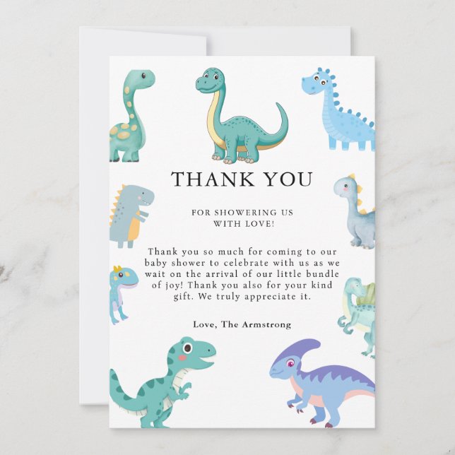 Cartão De Agradecimento Stylish Dinosaur Baby Shower White (Frente)