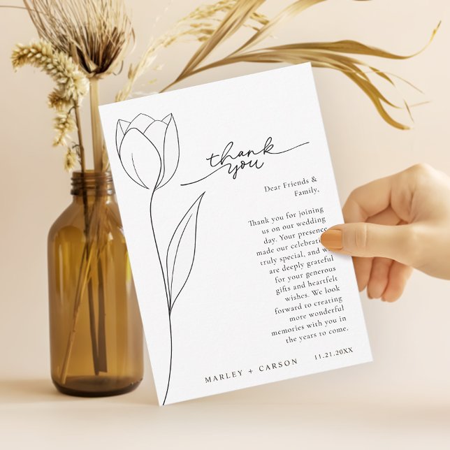 Cartão De Agradecimento Stylish Flower Line Art Black White Wedding (Criador carregado)
