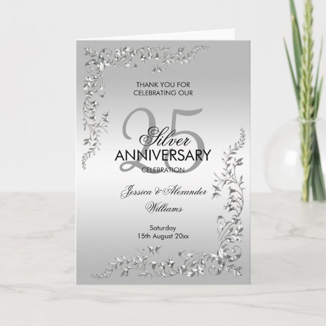 Cartão De Agradecimento Stylish Silver Decoration Silver Anniversary (Frente)