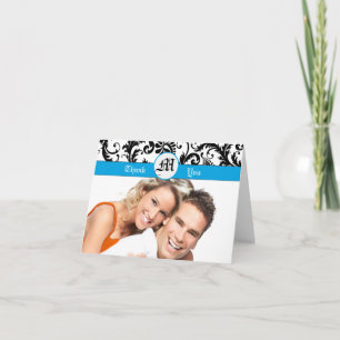 Cartão De Agradecimento Sua Foto Black Damask Bordas Aqua Obrigado