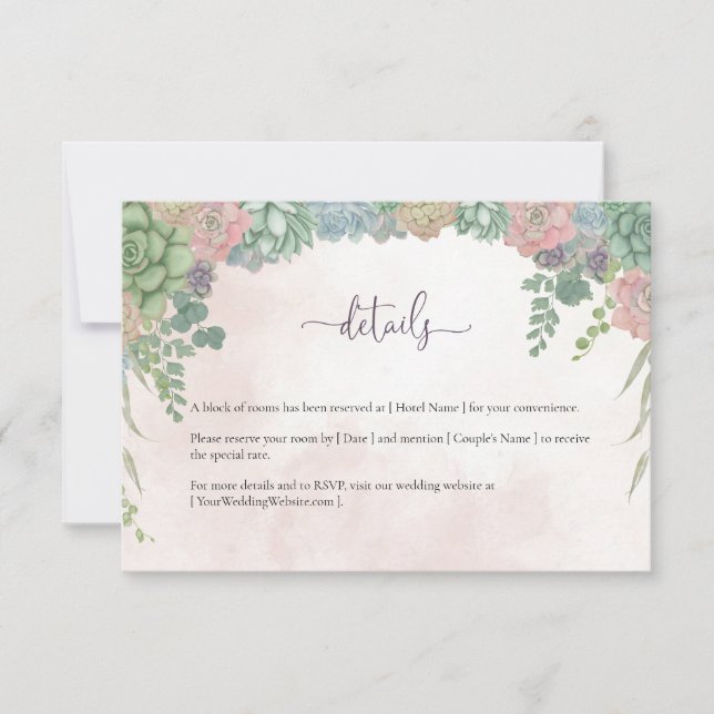 Cartão De Agradecimento Succulent Green and Blush Wedding Details Card (Frente)