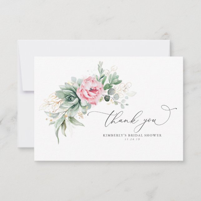 Cartão De Agradecimento Suculentas e Flores Rosa Pequeno Obrigado (Frente)