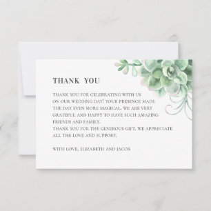 Cartão De Agradecimento Suculentes de aquarela. Cacto de casamento. Botâni